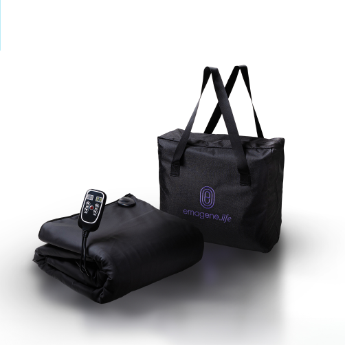 Folded infrared sauna with control panel and carrying bag for portable heat therapy from Bioheat Sauna